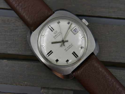 70s vintage watch mens Orcyl 25j automatic ETA 2452 linen silver dial rare