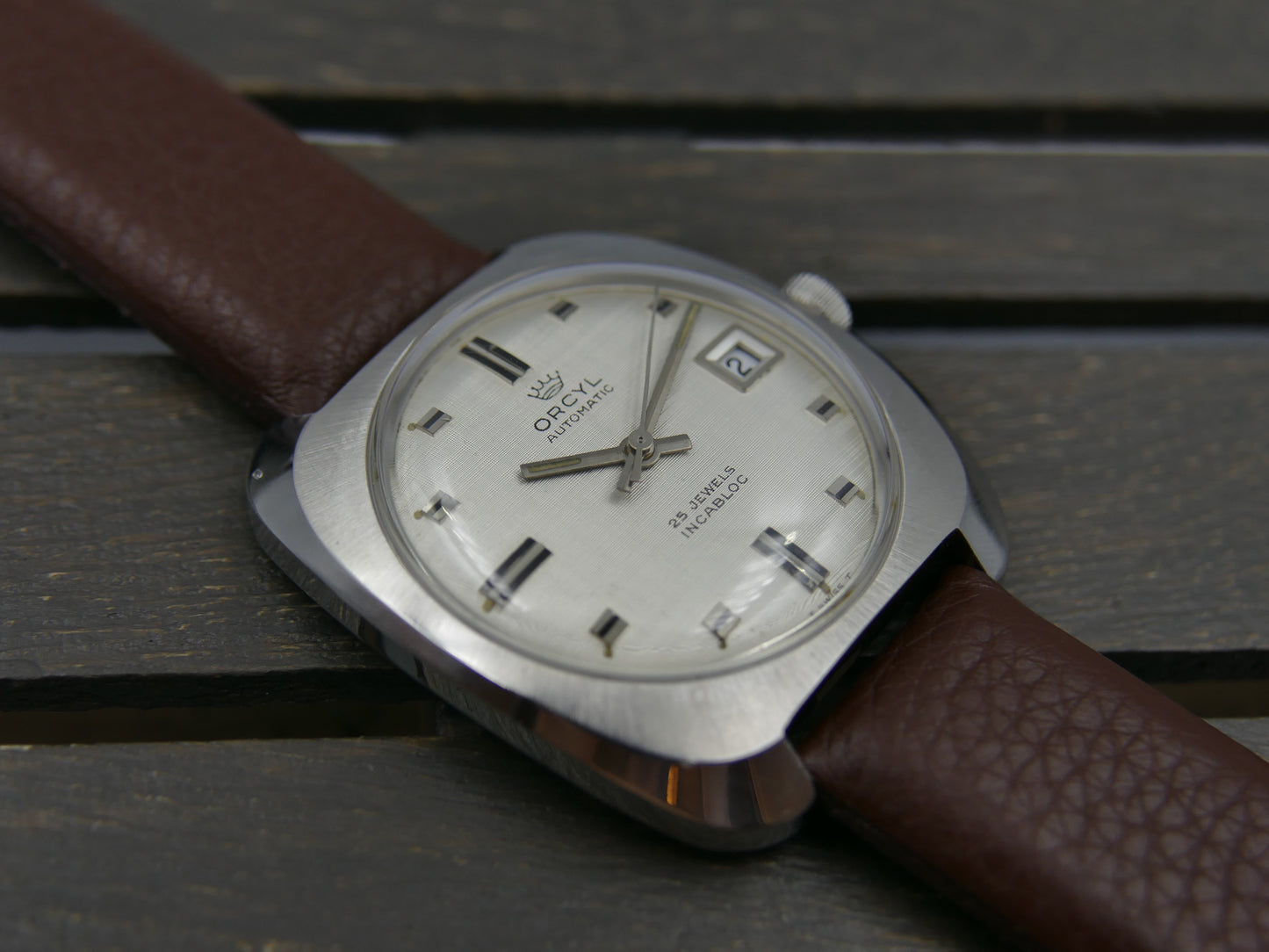 70s vintage watch mens Orcyl 25j automatic ETA 2452 linen silver dial rare