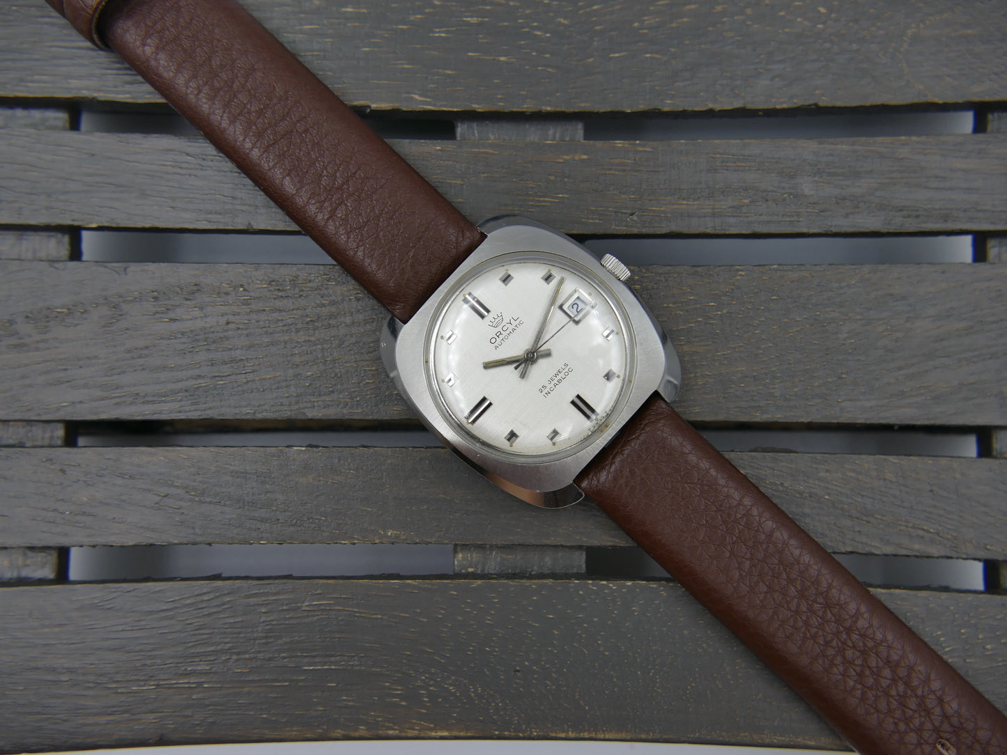 70s vintage watch mens Orcyl 25j automatic ETA 2452 linen silver dial rare