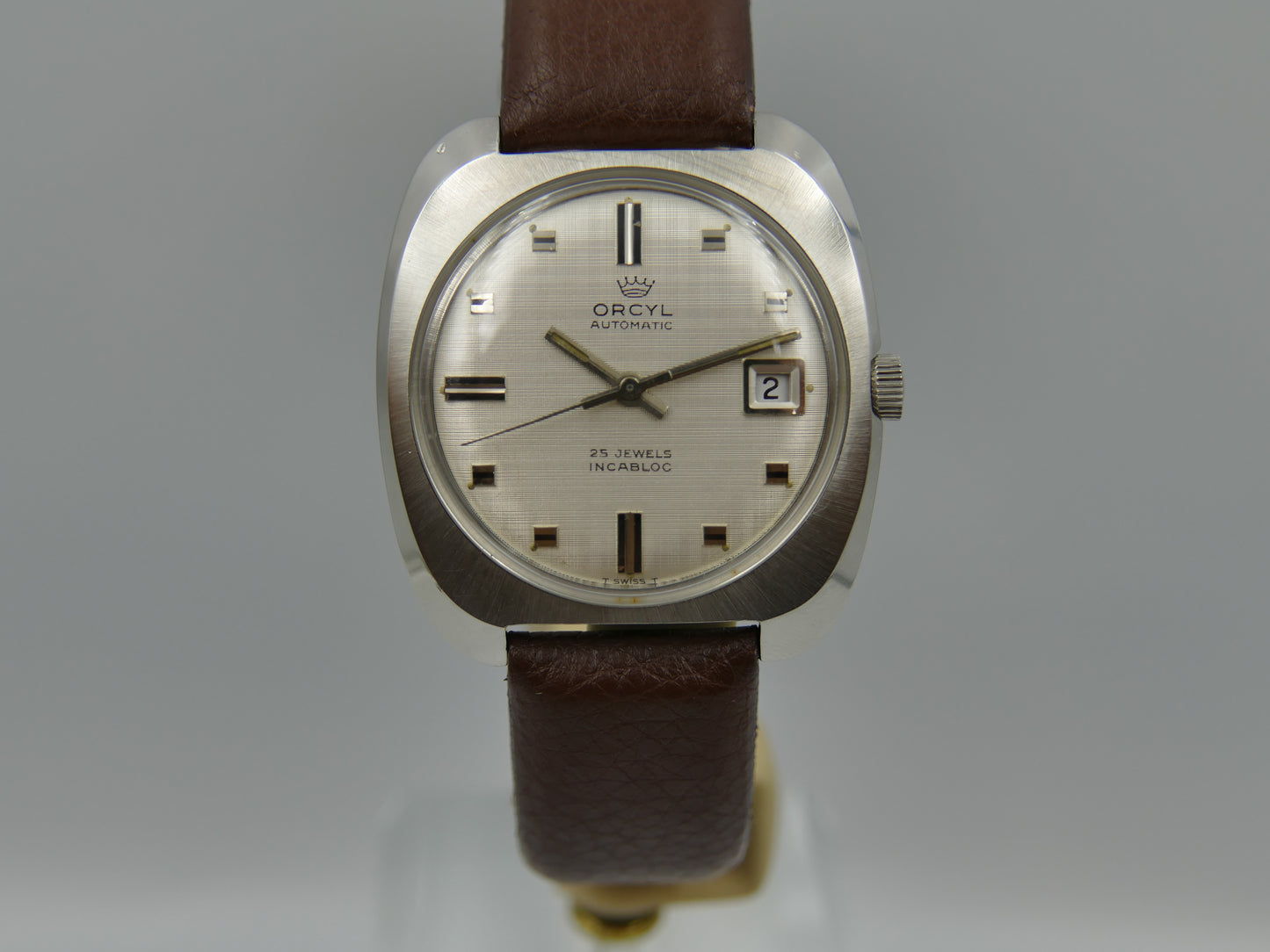 70s vintage watch mens Orcyl 25j automatic ETA 2452 linen silver dial rare