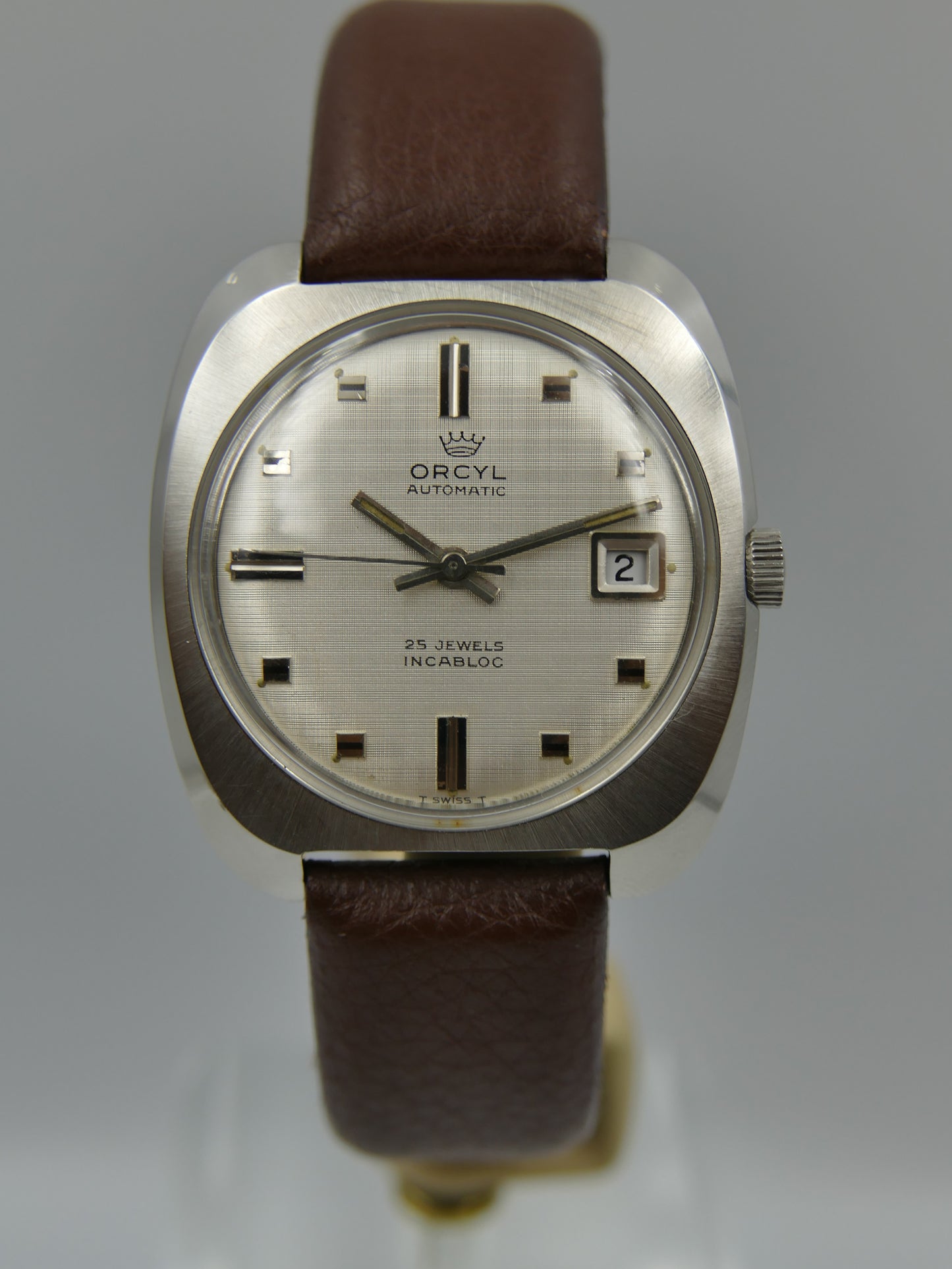 70s vintage watch mens Orcyl 25j automatic ETA 2452 linen silver dial rare