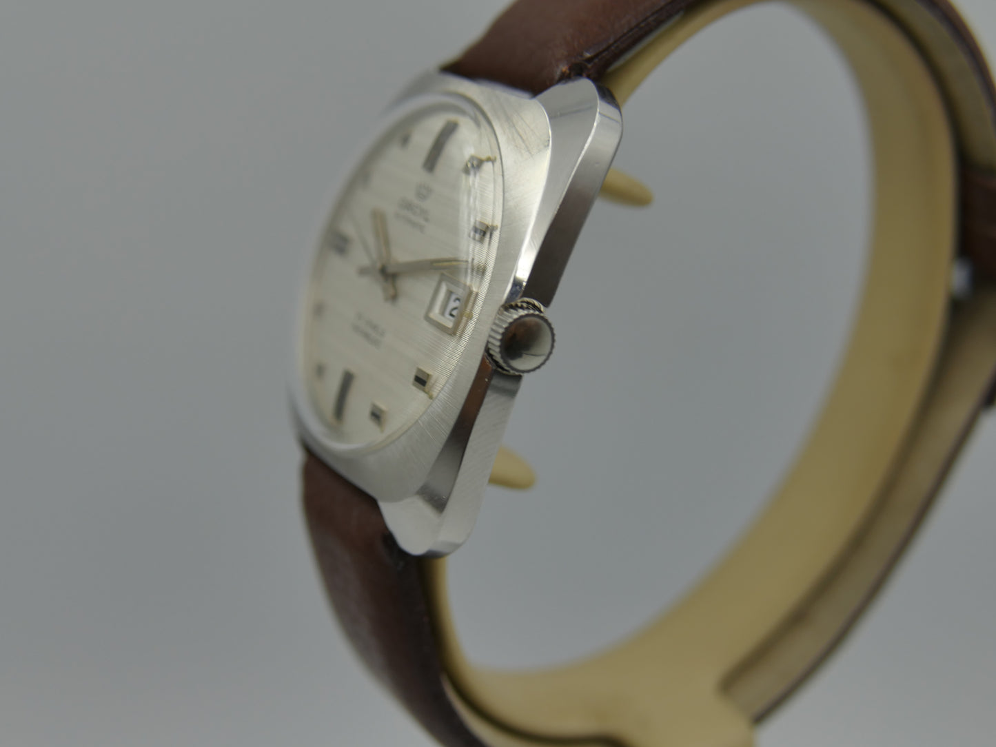 70s vintage watch mens Orcyl 25j automatic ETA 2452 linen silver dial rare