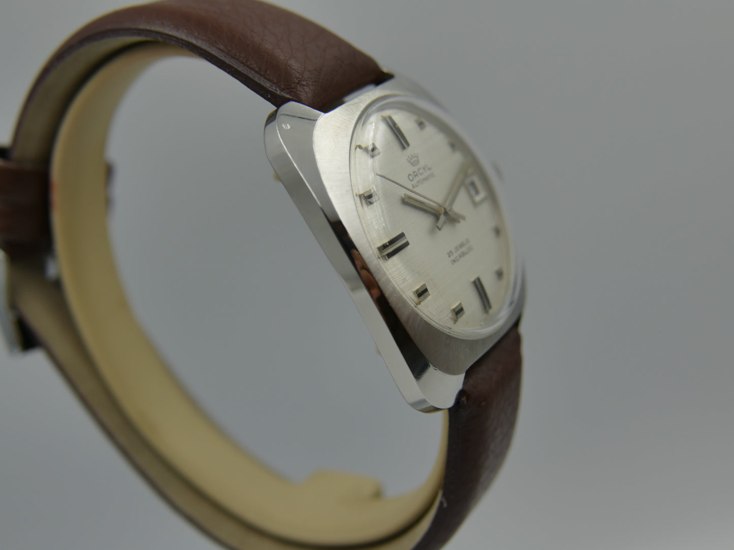 70s vintage watch mens Orcyl 25j automatic ETA 2452 linen silver dial rare