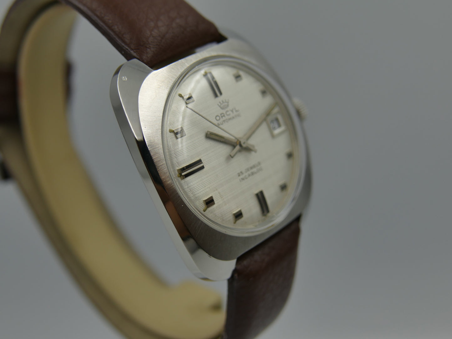 70s vintage watch mens Orcyl 25j automatic ETA 2452 linen silver dial rare