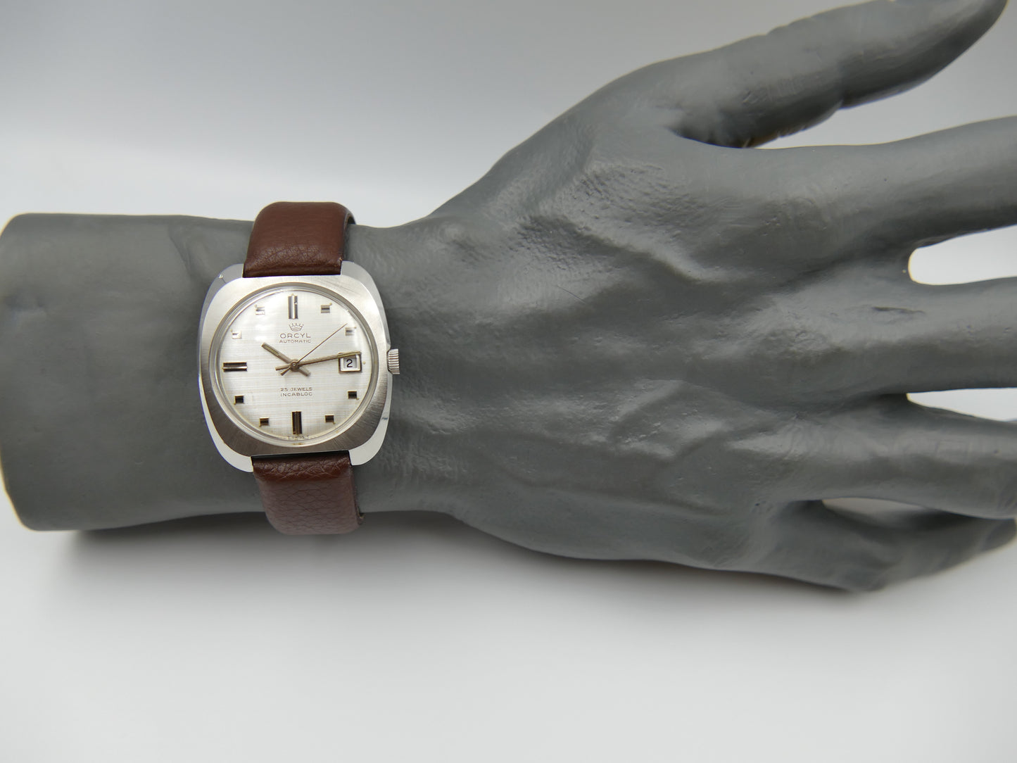 70s vintage watch mens Orcyl 25j automatic ETA 2452 linen silver dial rare