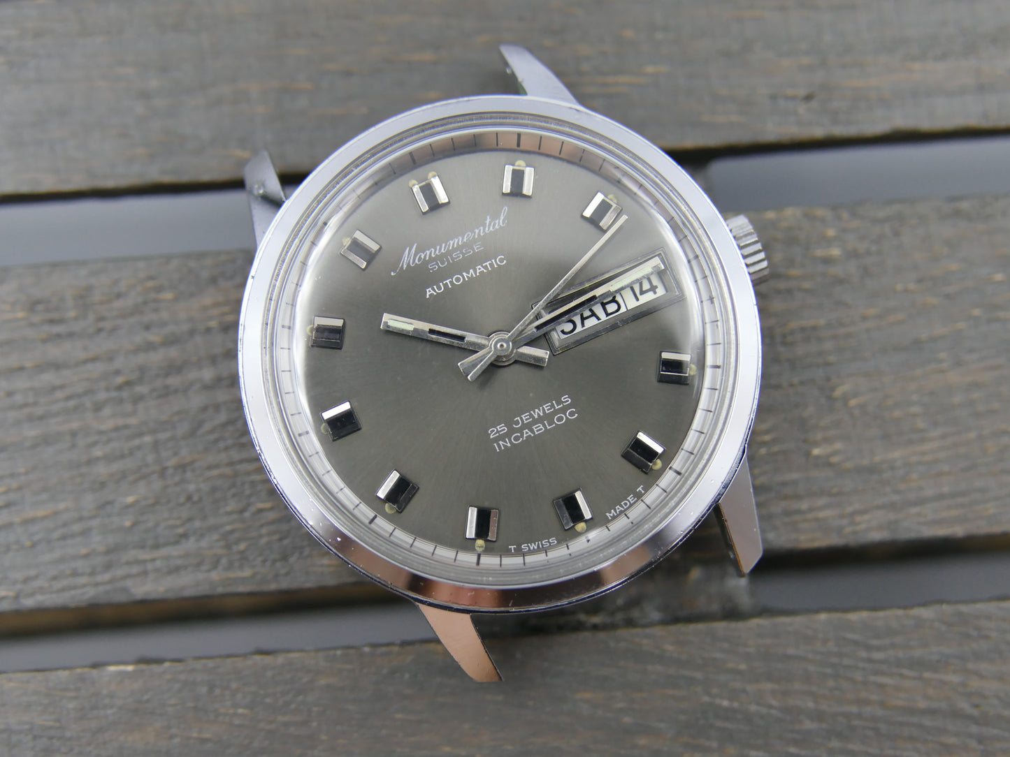 70s vintage watch mens Monumental swiss 25J automatic AS 1902/03 grey dial mint