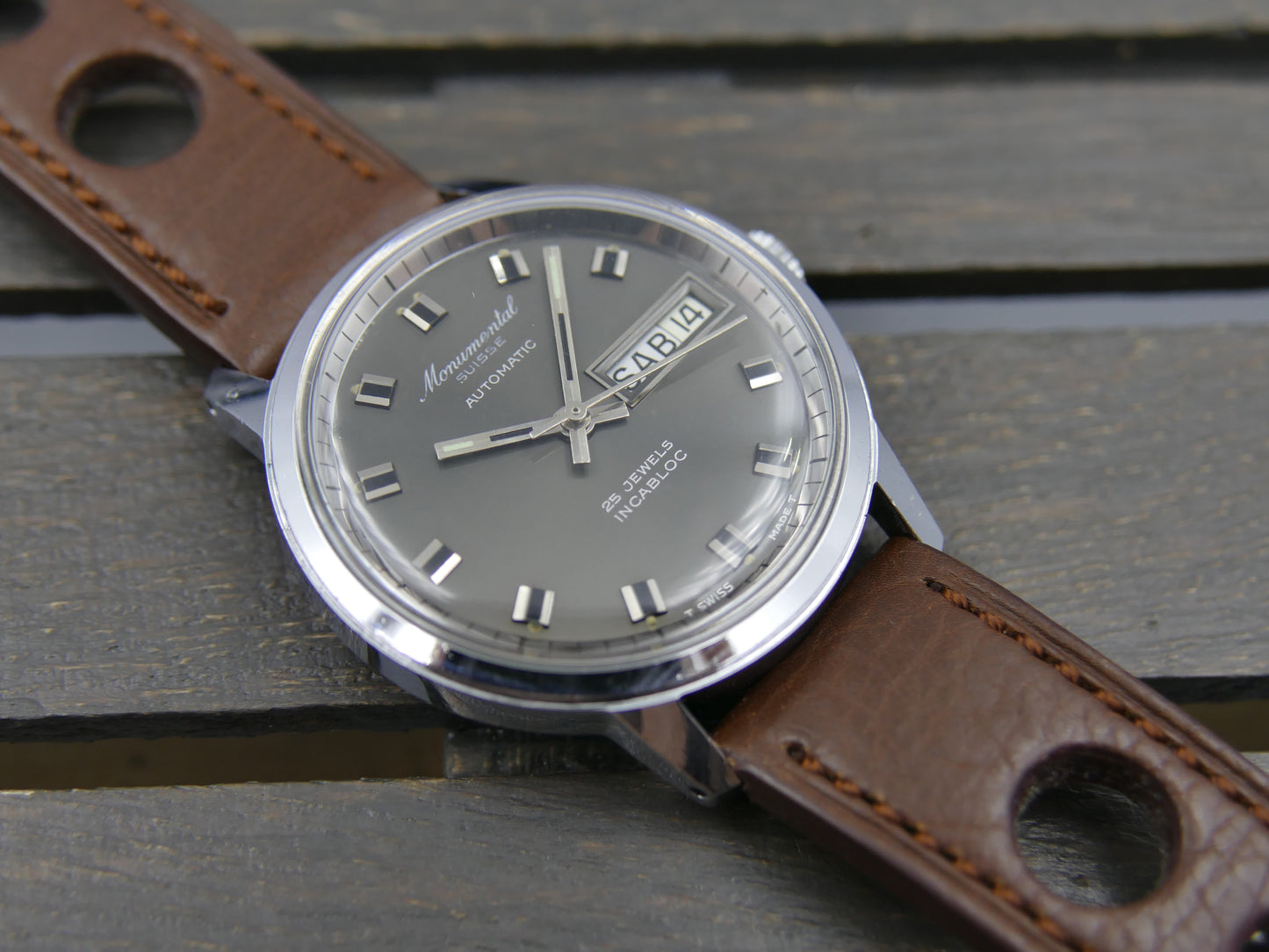 70s vintage watch mens Monumental swiss 25J automatic AS 1902/03 grey dial mint