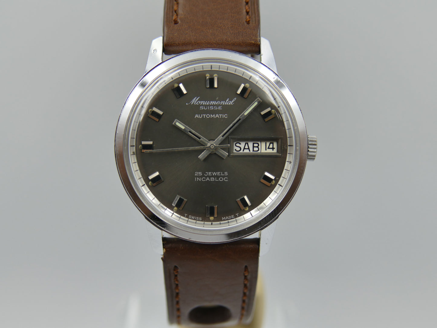 70s vintage watch mens Monumental swiss 25J automatic AS 1902/03 grey dial mint