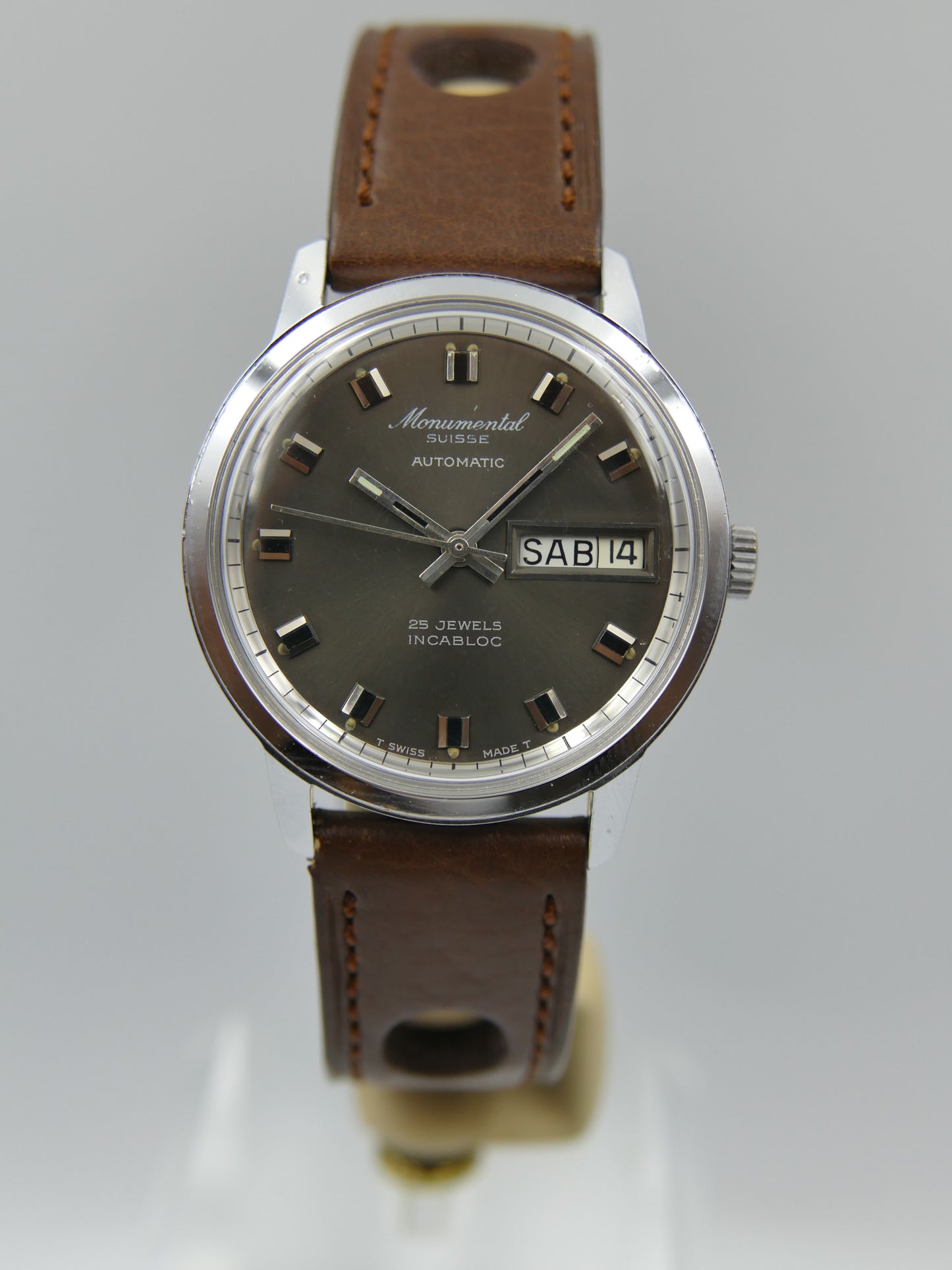 70s vintage watch mens Monumental swiss 25J automatic AS 1902/03 grey dial mint