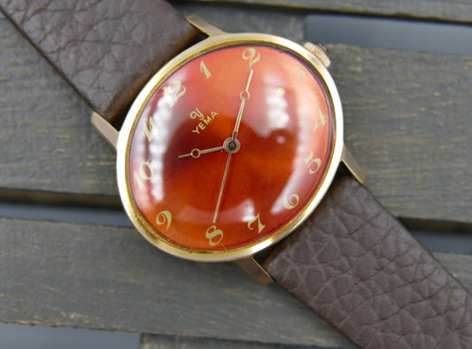 70s vintage watch Yema hand wind amber burnt orange dial serviced