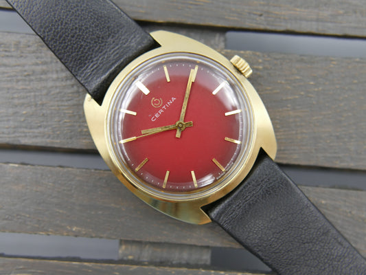 70s vintage watch mens Certina ref 5206 147 hand wind cal 25-66 burgundy dial NOS