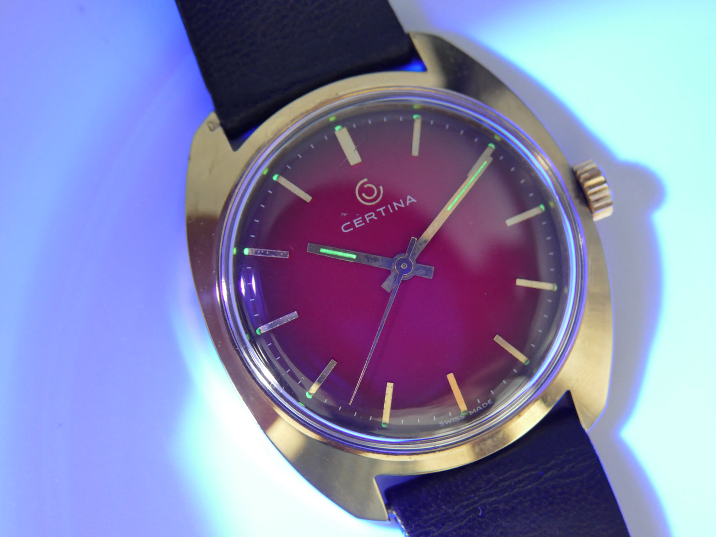 70s vintage watch mens Certina ref 5206 147 hand wind cal 25-66 burgundy dial NOS
