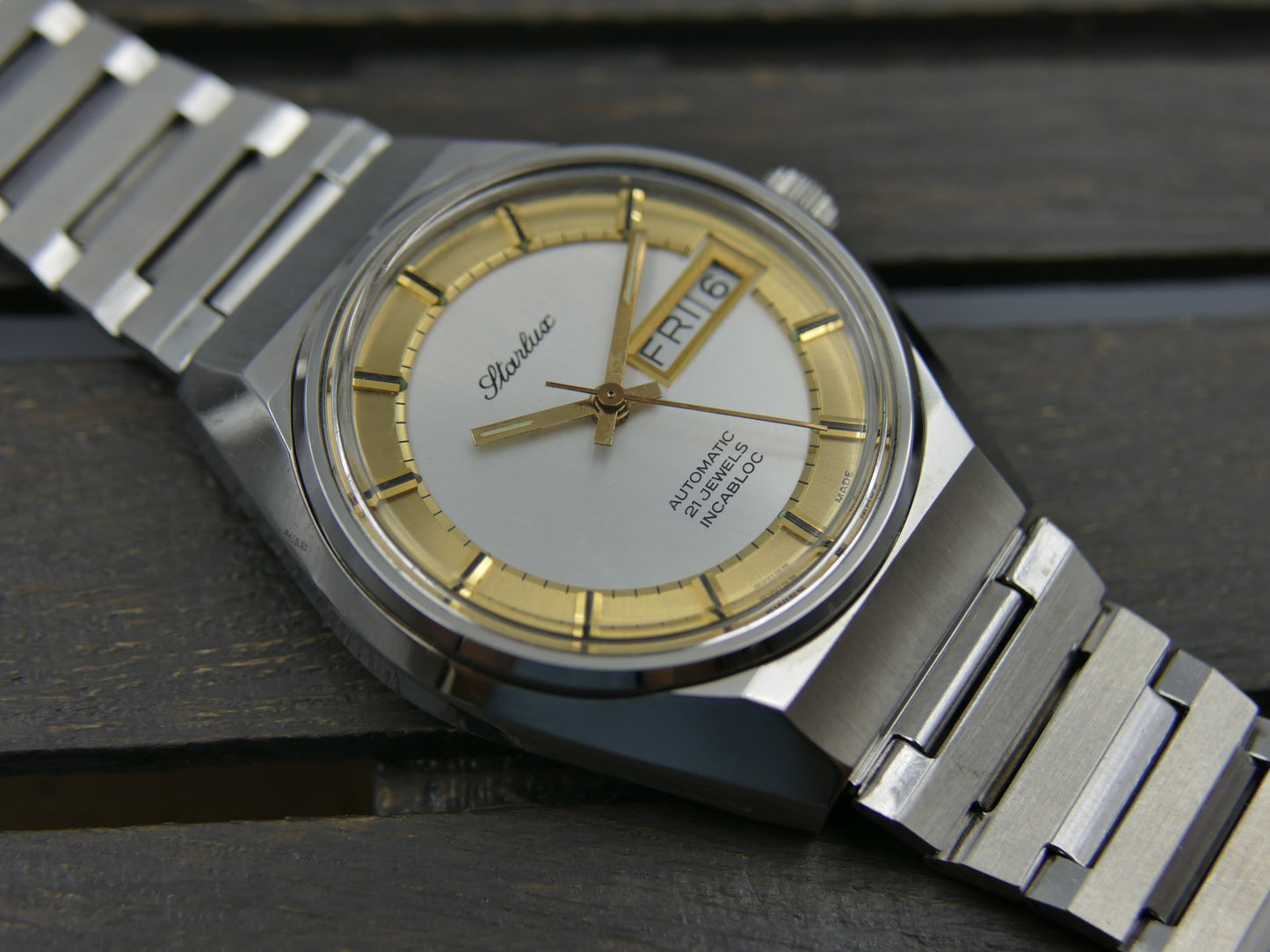 70s Vintage watch mens NOS Starlux ref 6004 automatic eta 2879 SS serviced