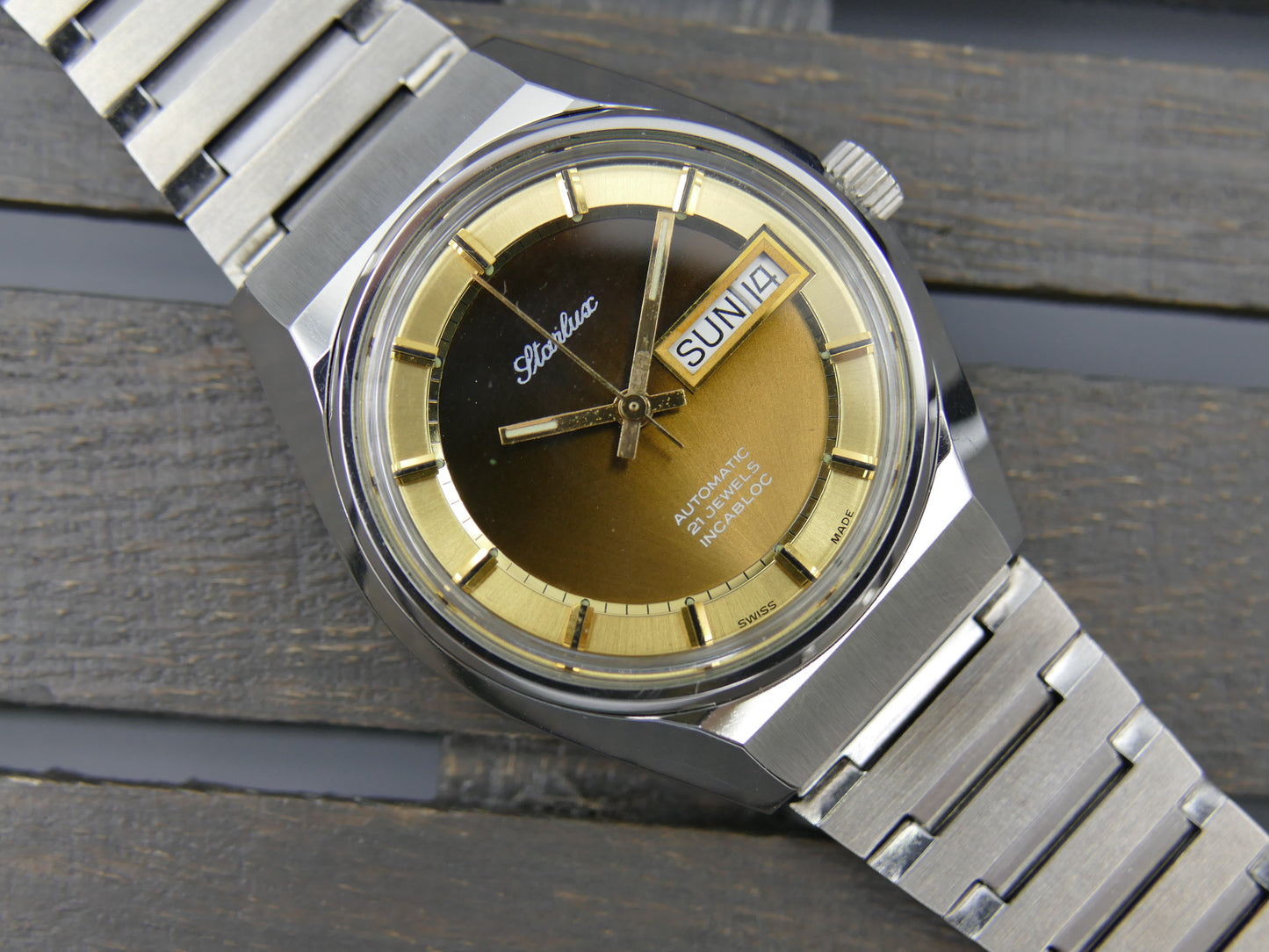 70s Vintage watch mens NOS Starlux ref 6004 automatic eta 2879 SS serviced