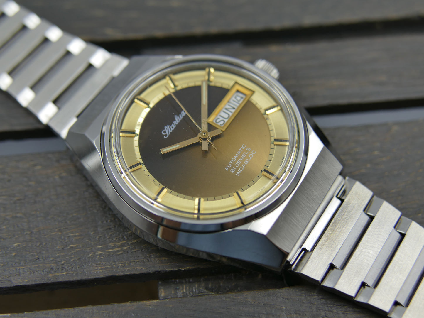 70s Vintage watch mens NOS Starlux ref 6004 automatic eta 2879 SS serviced