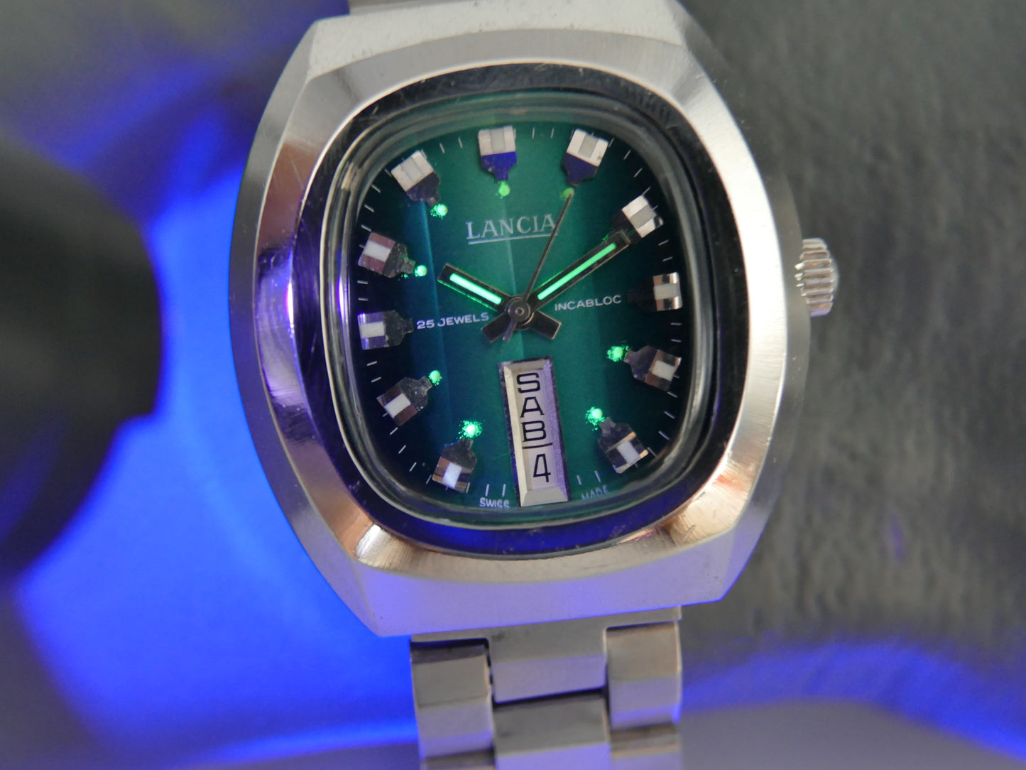 70s vintage watch mens Lancia automatic eta 2789 25j green dial SS serviced
