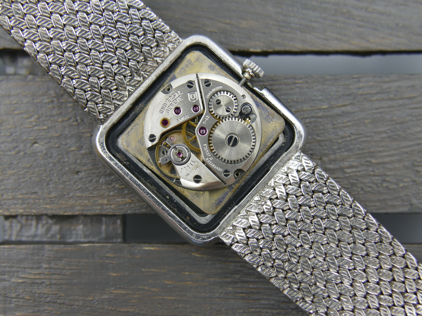 60s vintage watch mens Universal geneve tank ref 842676 hand wind 1-42 solid silver bracelet