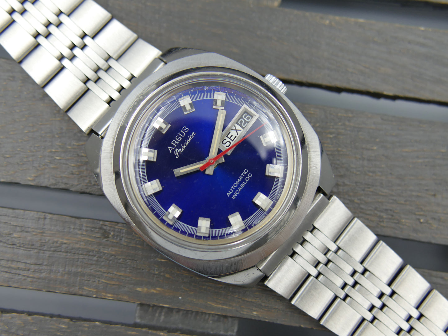 70s vintage watch mens Argus precision ref 11219 automatic AS 2066 swiss SS blue dial