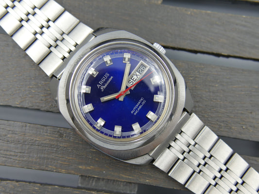 70s vintage watch mens Argus precision ref 11219 automatic AS 2066 swiss SS blue dial
