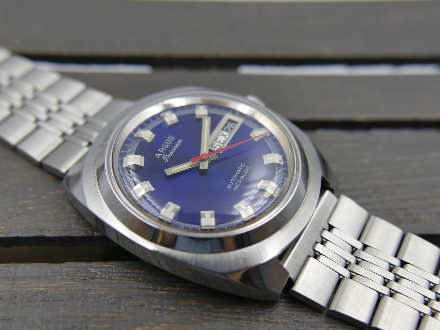 70s vintage watch mens Argus precision ref 11219 automatic AS 2066 swiss SS blue dial