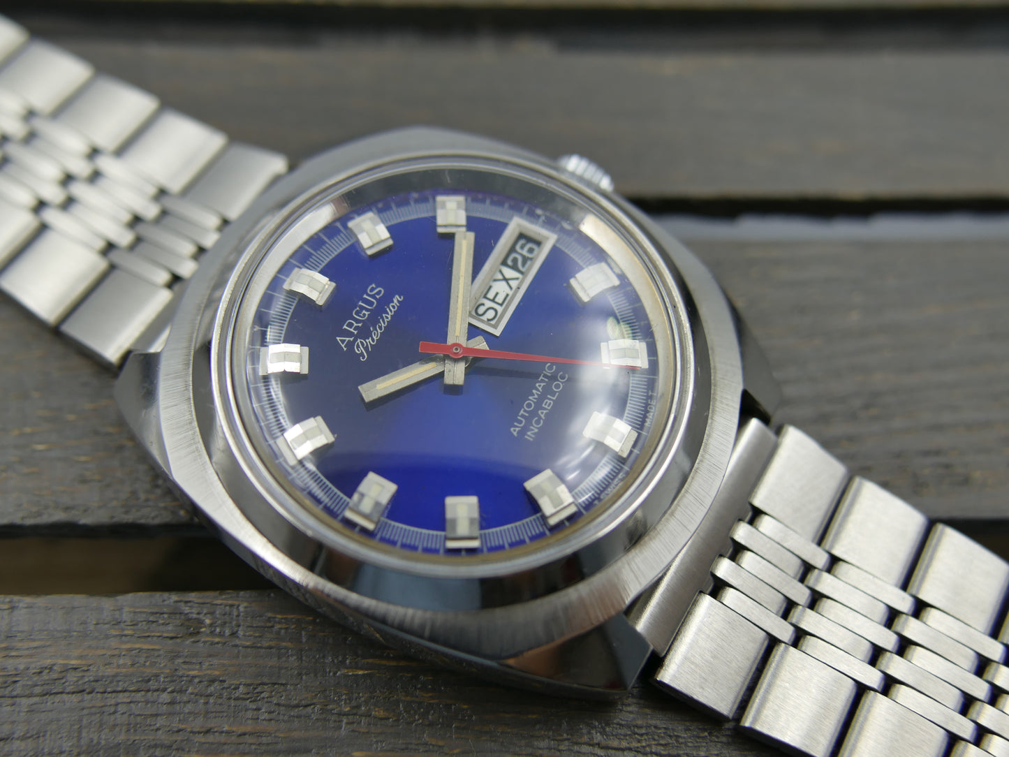 70s vintage watch mens Argus precision ref 11219 automatic AS 2066 swiss SS blue dial