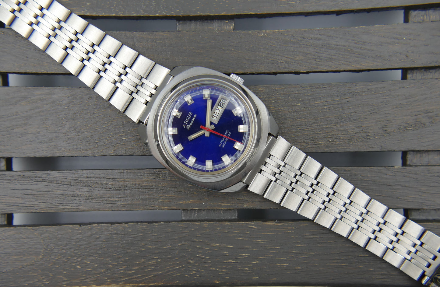 70s vintage watch mens Argus precision ref 11219 automatic AS 2066 swiss SS blue dial