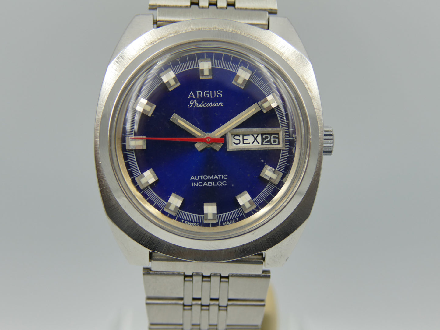 70s vintage watch mens Argus precision ref 11219 automatic AS 2066 swiss SS blue dial