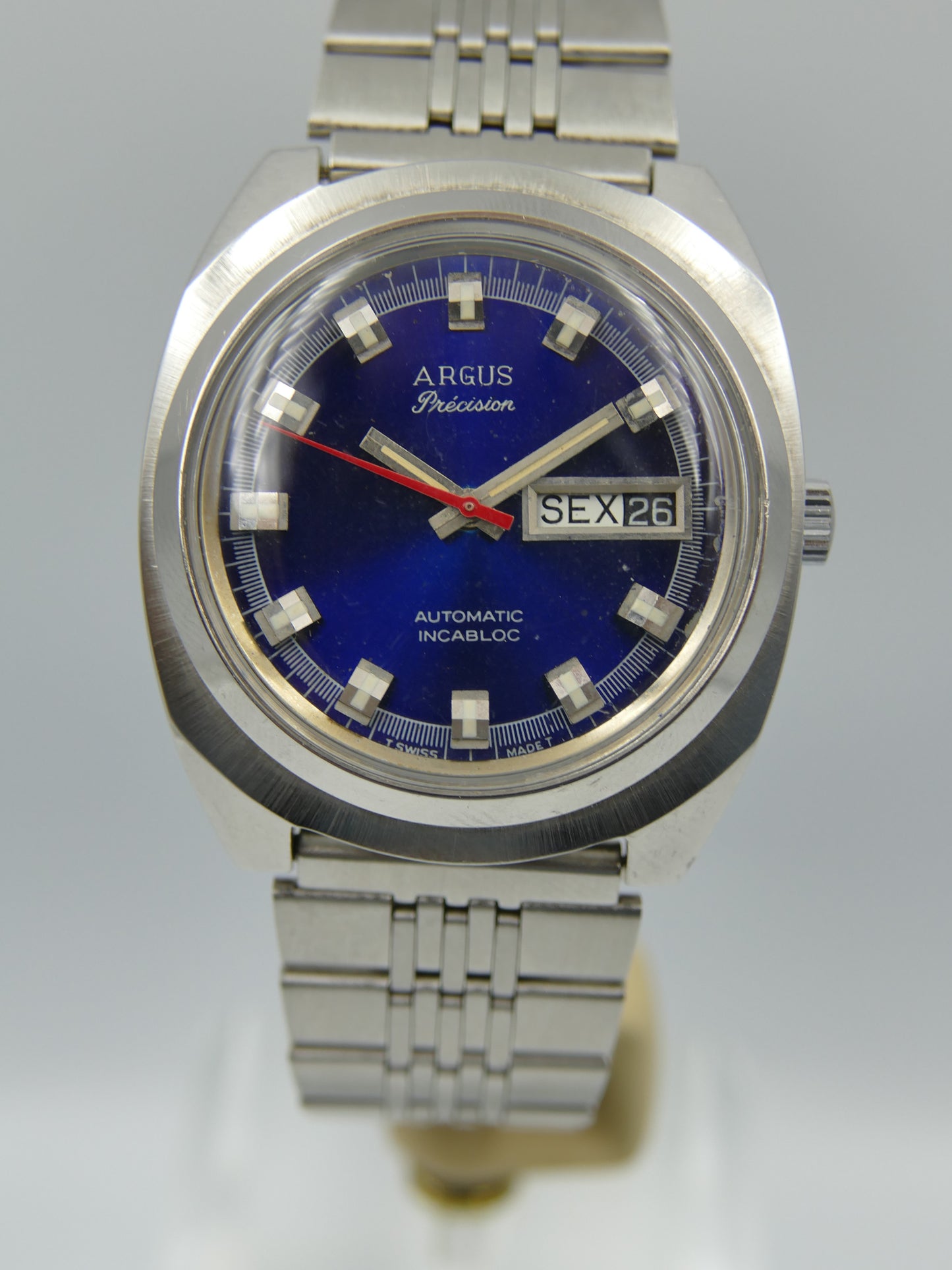 70s vintage watch mens Argus precision ref 11219 automatic AS 2066 swiss SS blue dial
