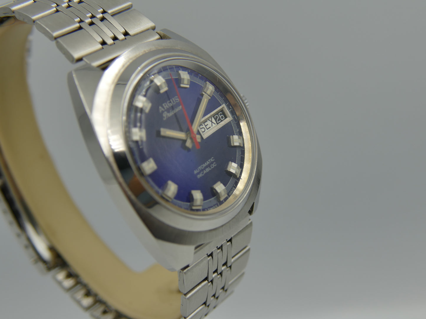 70s vintage watch mens Argus precision ref 11219 automatic AS 2066 swiss SS blue dial
