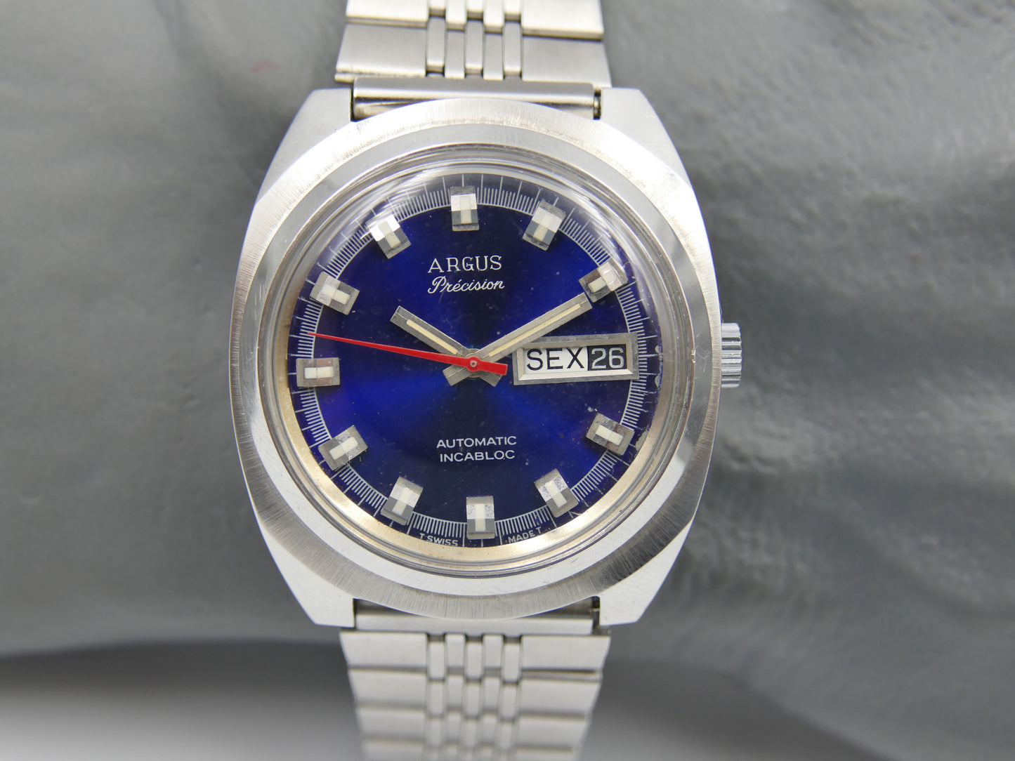 70s vintage watch mens Argus precision ref 11219 automatic AS 2066 swiss SS blue dial