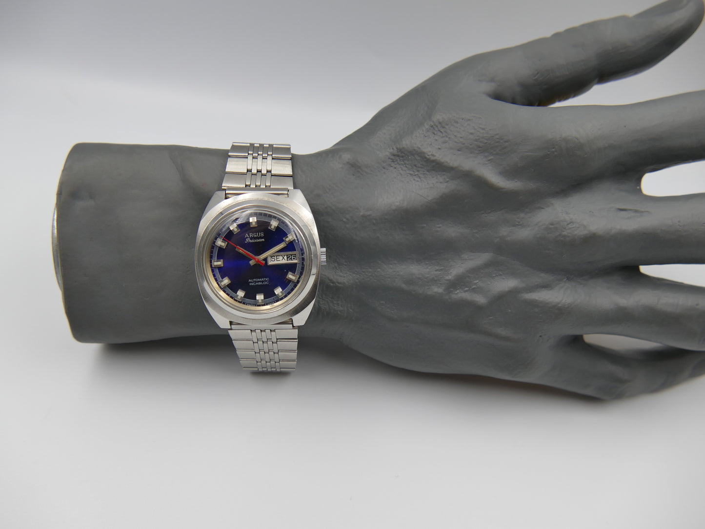 70s vintage watch mens Argus precision ref 11219 automatic AS 2066 swiss SS blue dial