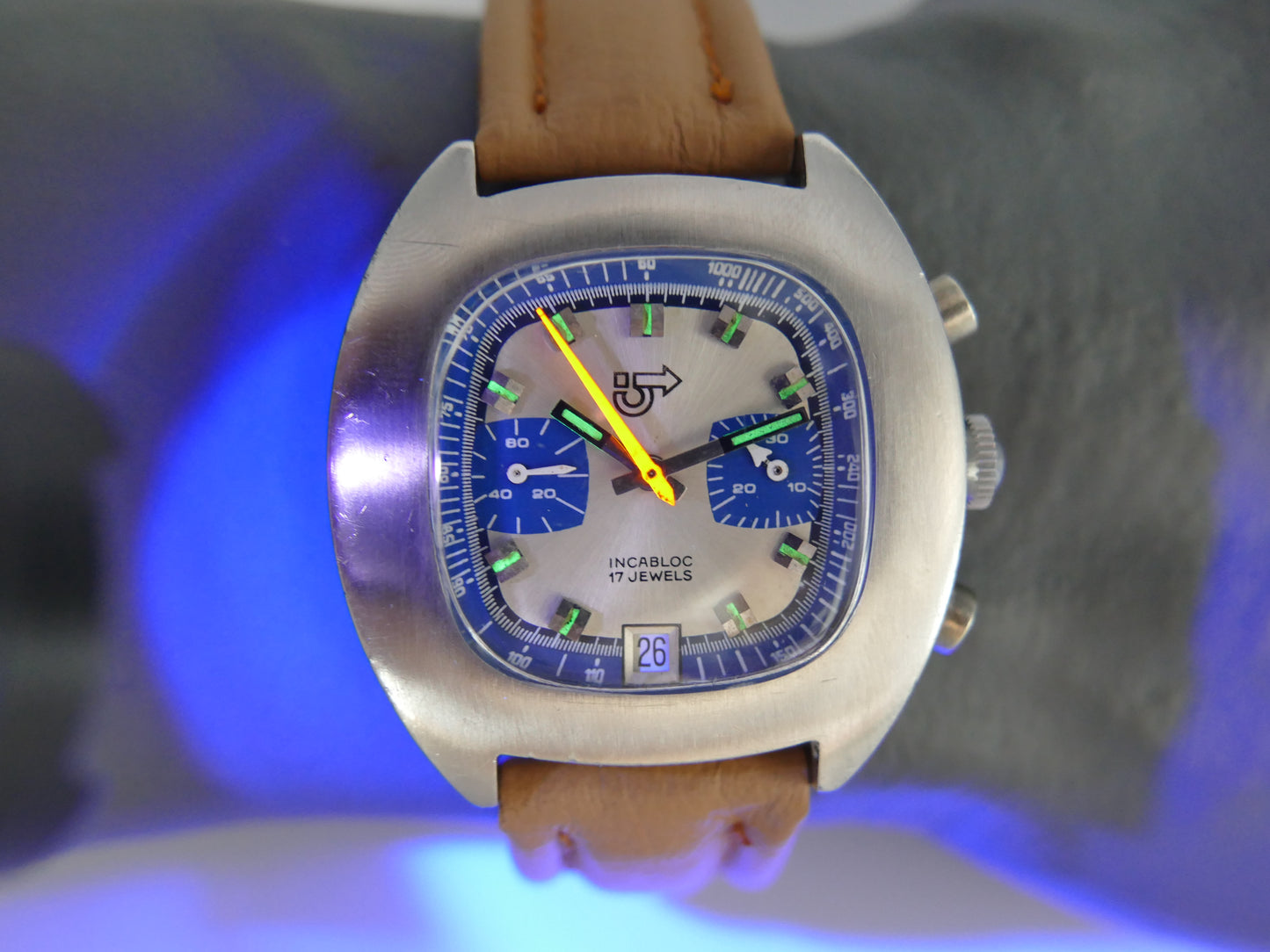 70s vintage watch mens chronograph Camif valjoux 7734 blue panda rare