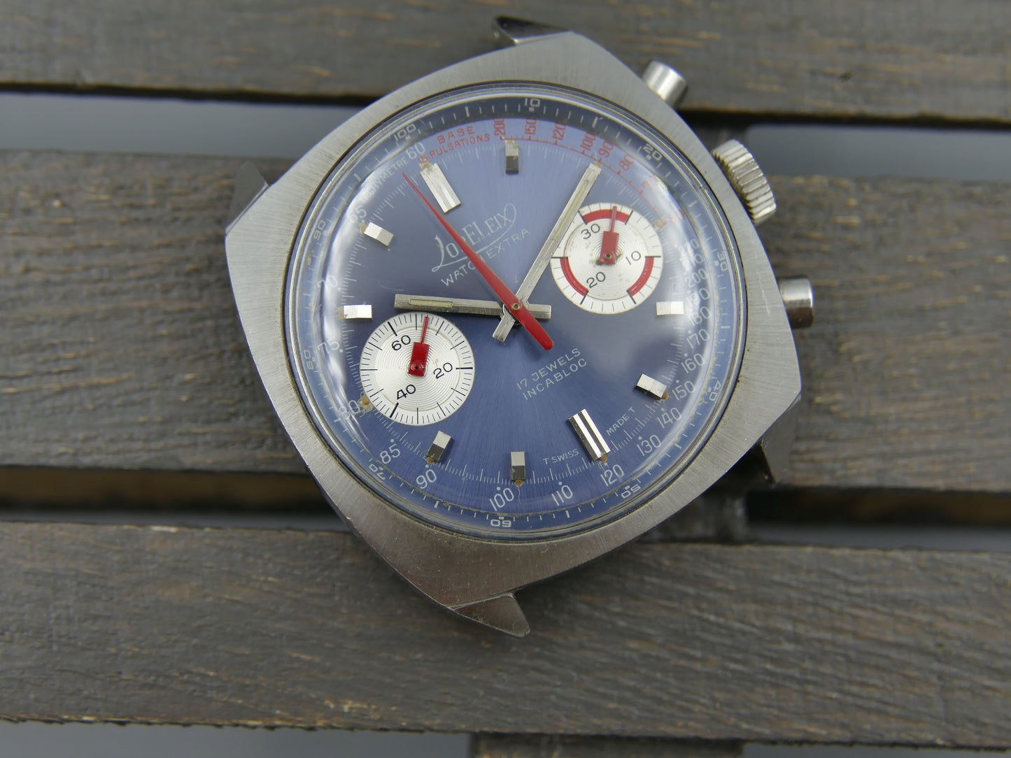 70s vintage watch mens chronograph Loreleix valjoux 7733 blue dial SS