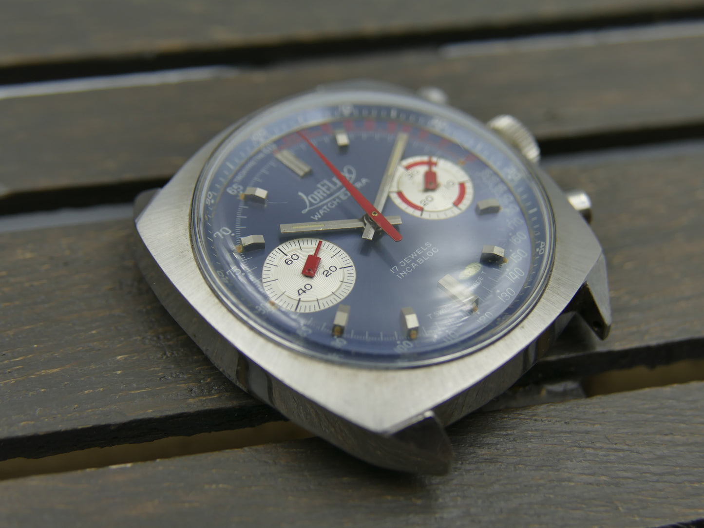 70s vintage watch mens chronograph Loreleix valjoux 7733 blue dial SS