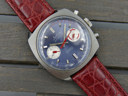 70s vintage watch mens chronograph Loreleix valjoux 7733 blue dial SS