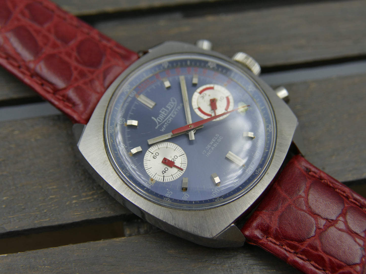 70s vintage watch mens chronograph Loreleix valjoux 7733 blue dial SS