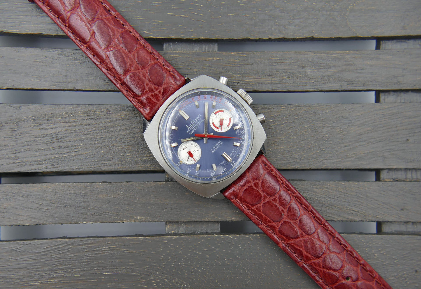 70s vintage watch mens chronograph Loreleix valjoux 7733 blue dial SS