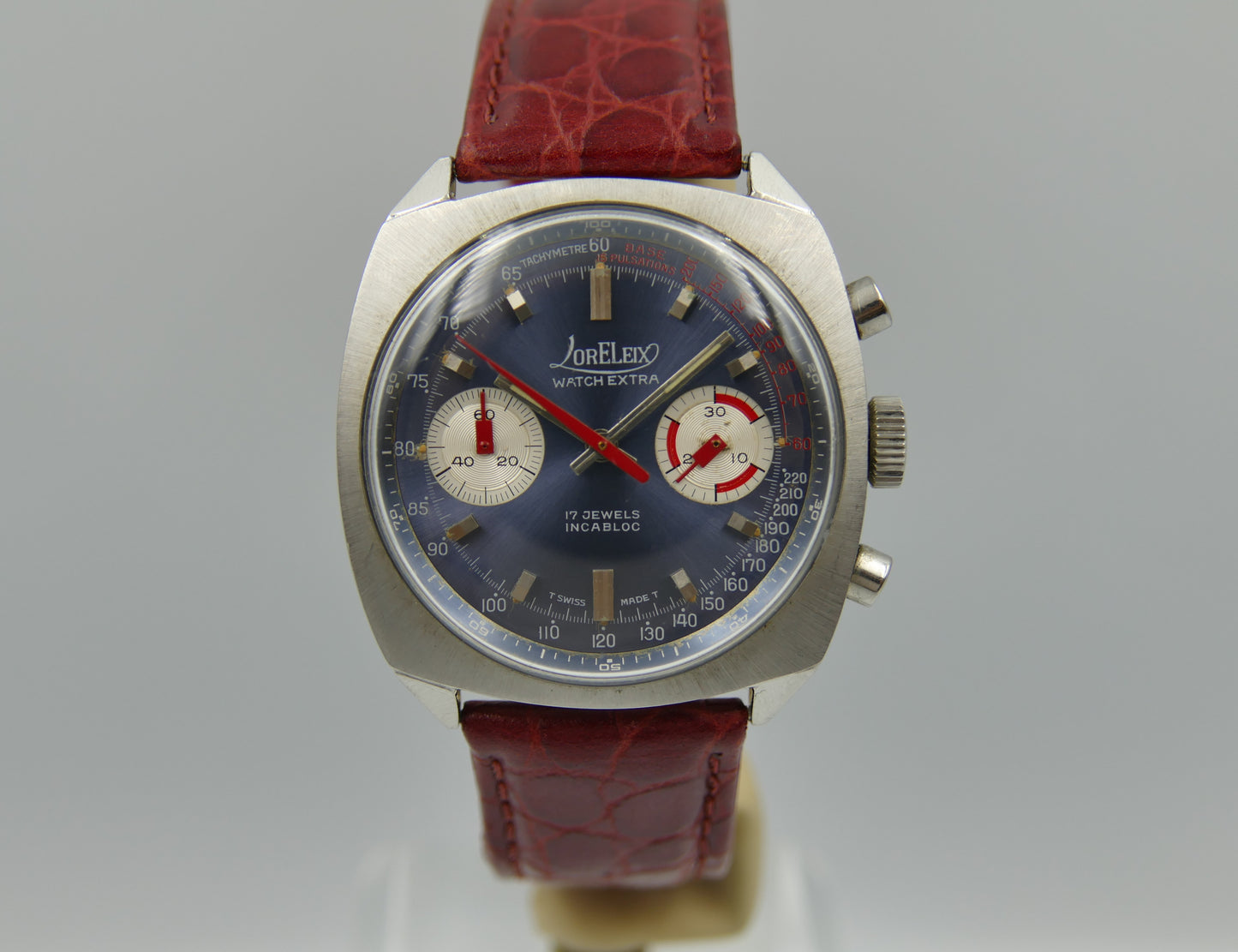 70s vintage watch mens chronograph Loreleix valjoux 7733 blue dial SS
