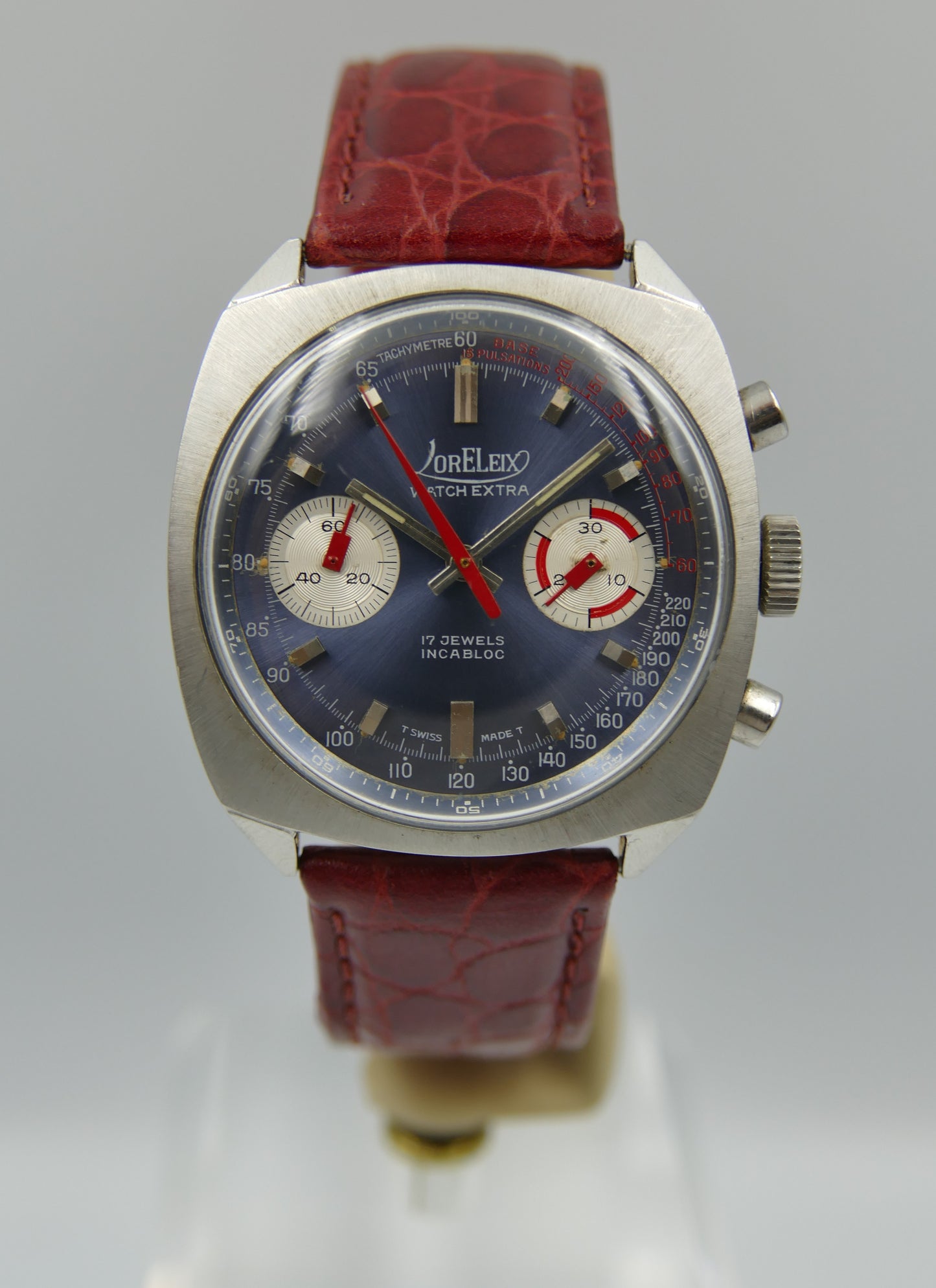 70s vintage watch mens chronograph Loreleix valjoux 7733 blue dial SS