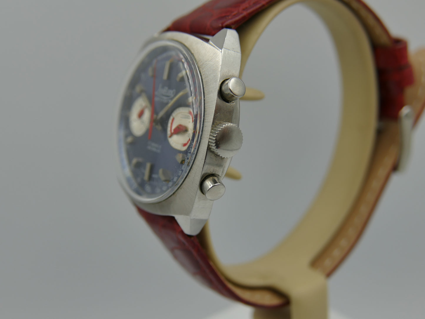 70s vintage watch mens chronograph Loreleix valjoux 7733 blue dial SS