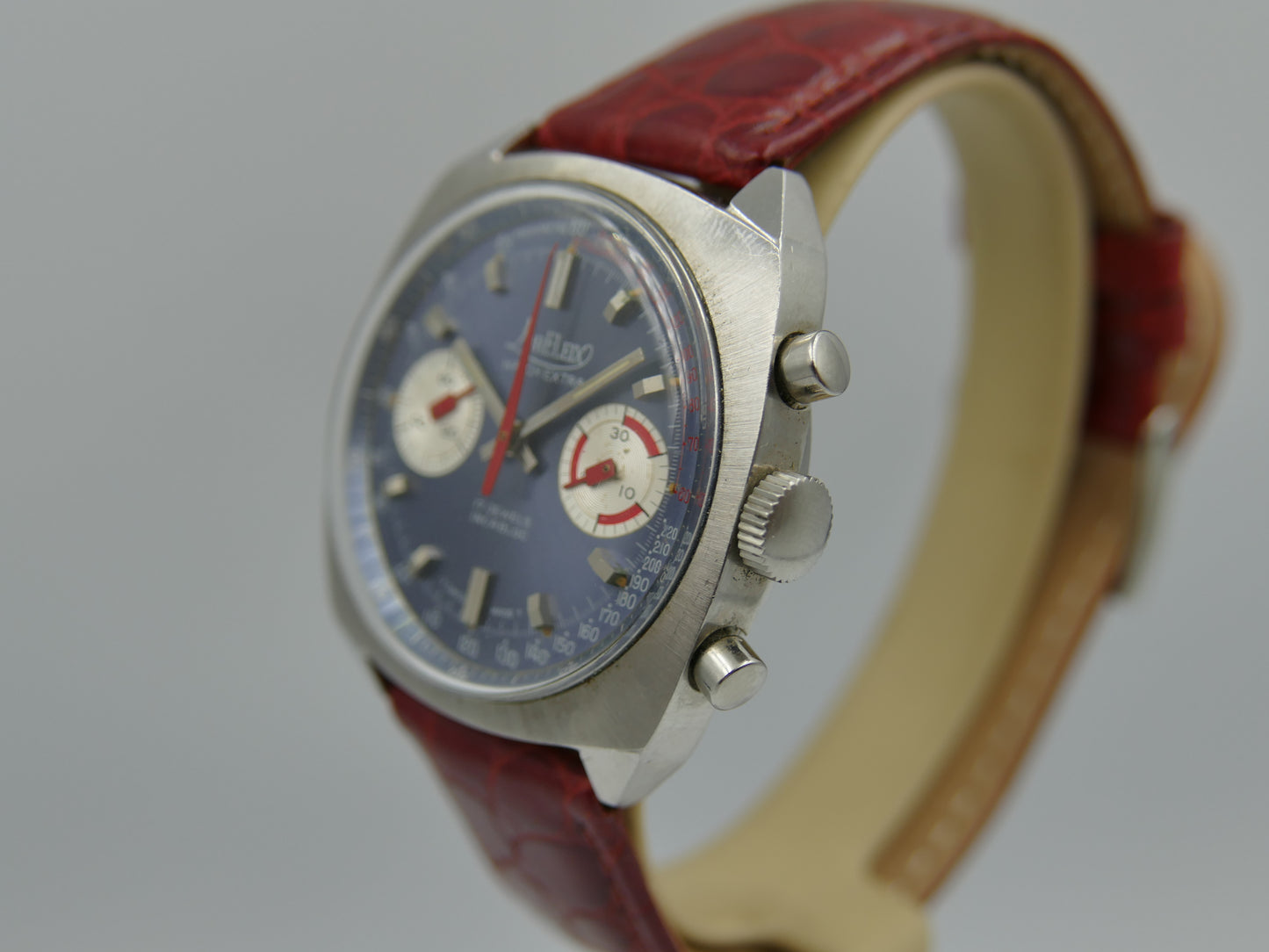70s vintage watch mens chronograph Loreleix valjoux 7733 blue dial SS