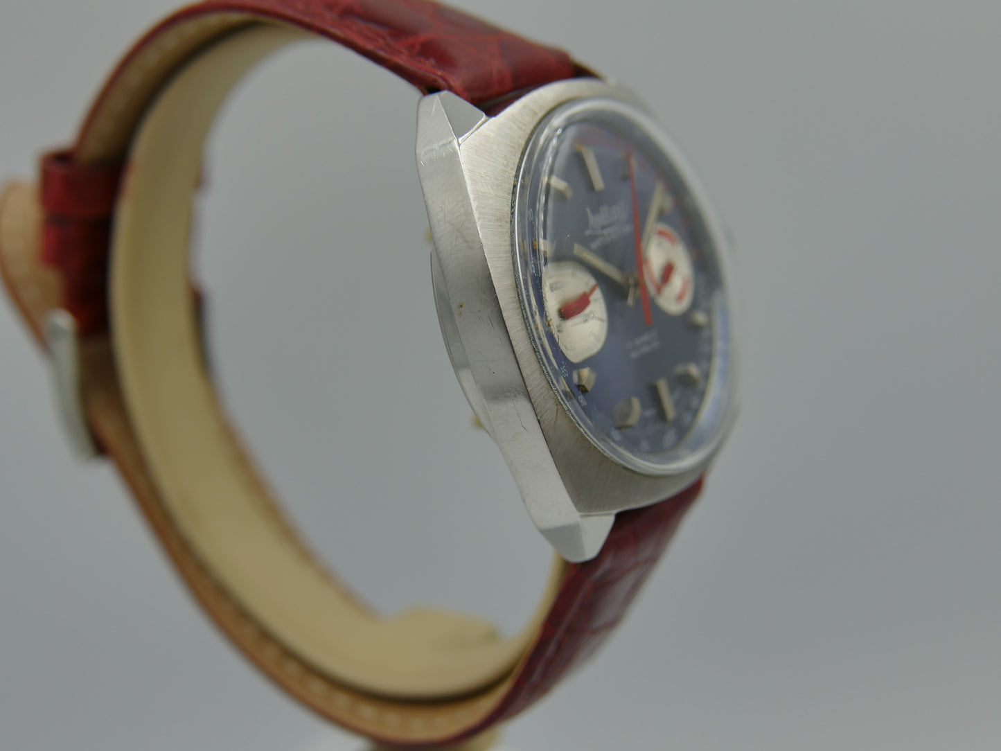 70s vintage watch mens chronograph Loreleix valjoux 7733 blue dial SS