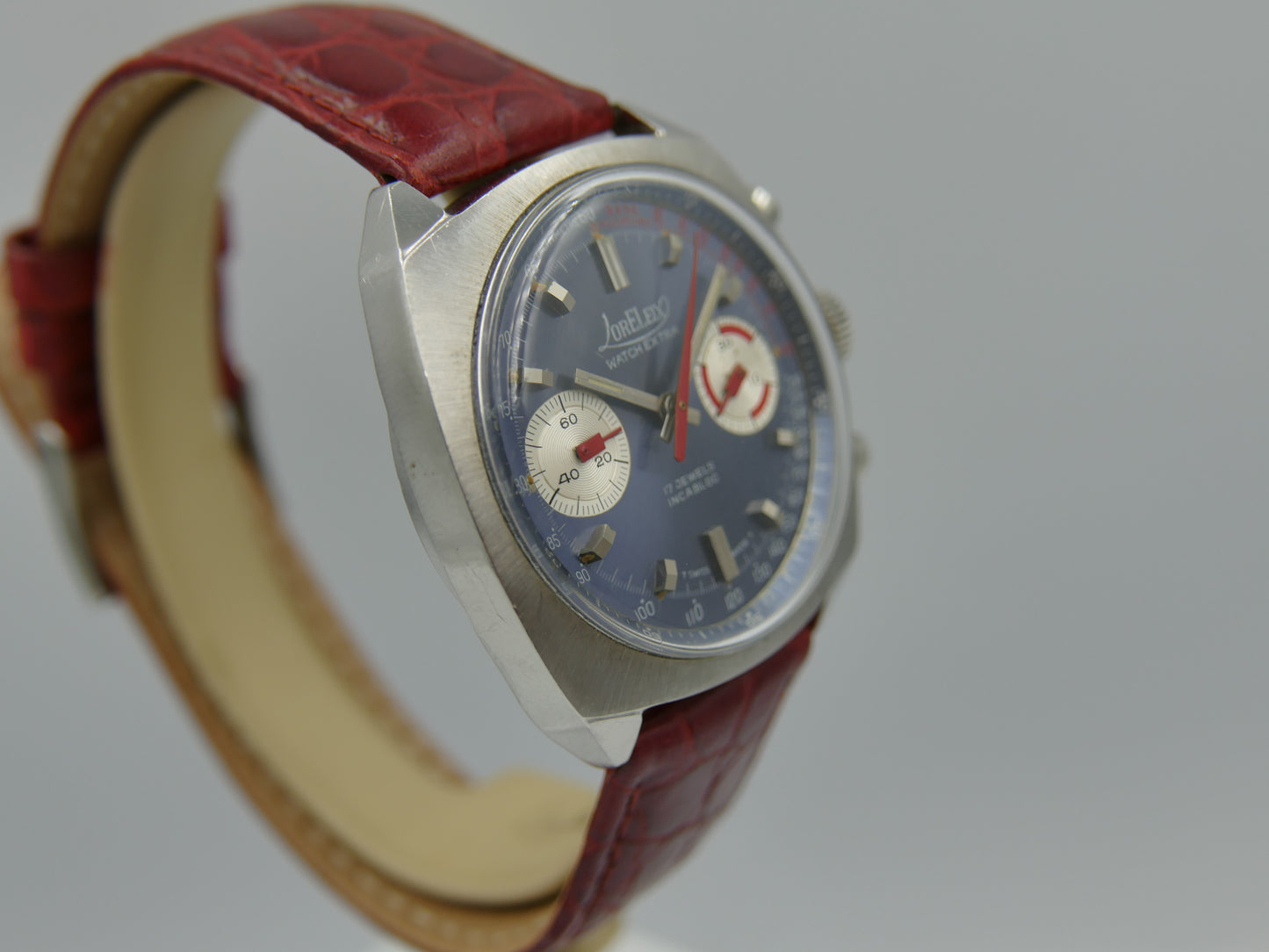 70s vintage watch mens chronograph Loreleix valjoux 7733 blue dial SS