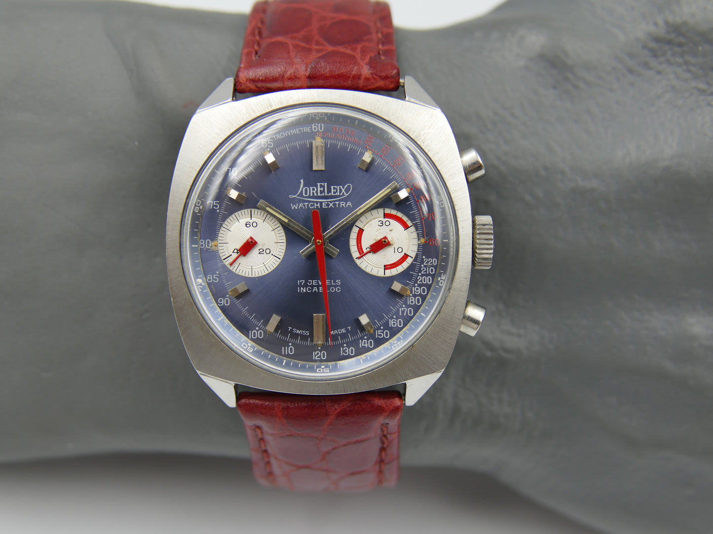 70s vintage watch mens chronograph Loreleix valjoux 7733 blue dial SS