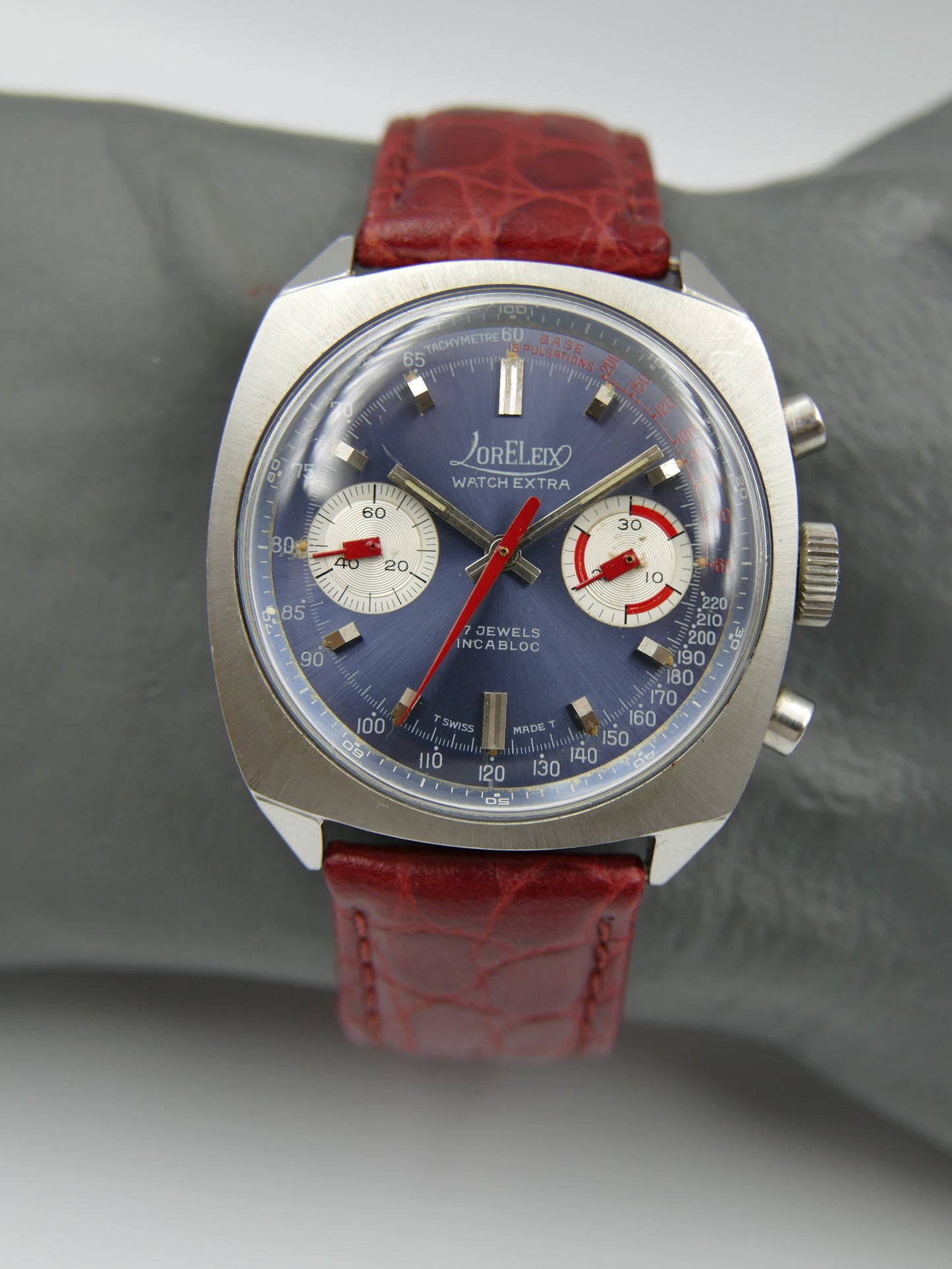 70s vintage watch mens chronograph Loreleix valjoux 7733 blue dial SS