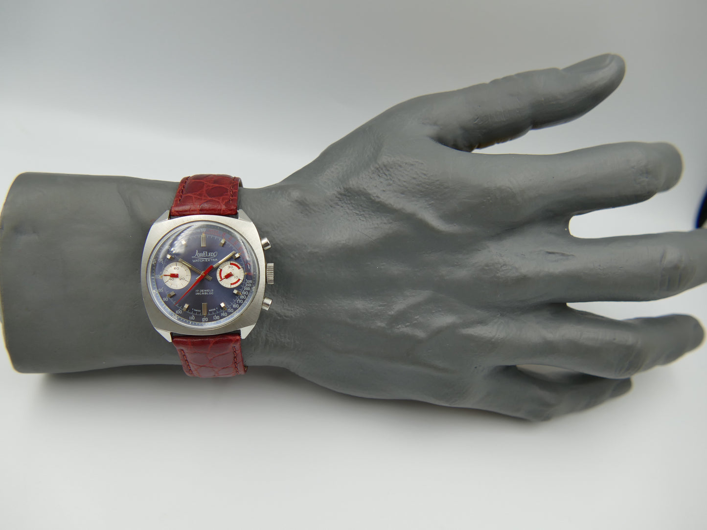 70s vintage watch mens chronograph Loreleix valjoux 7733 blue dial SS