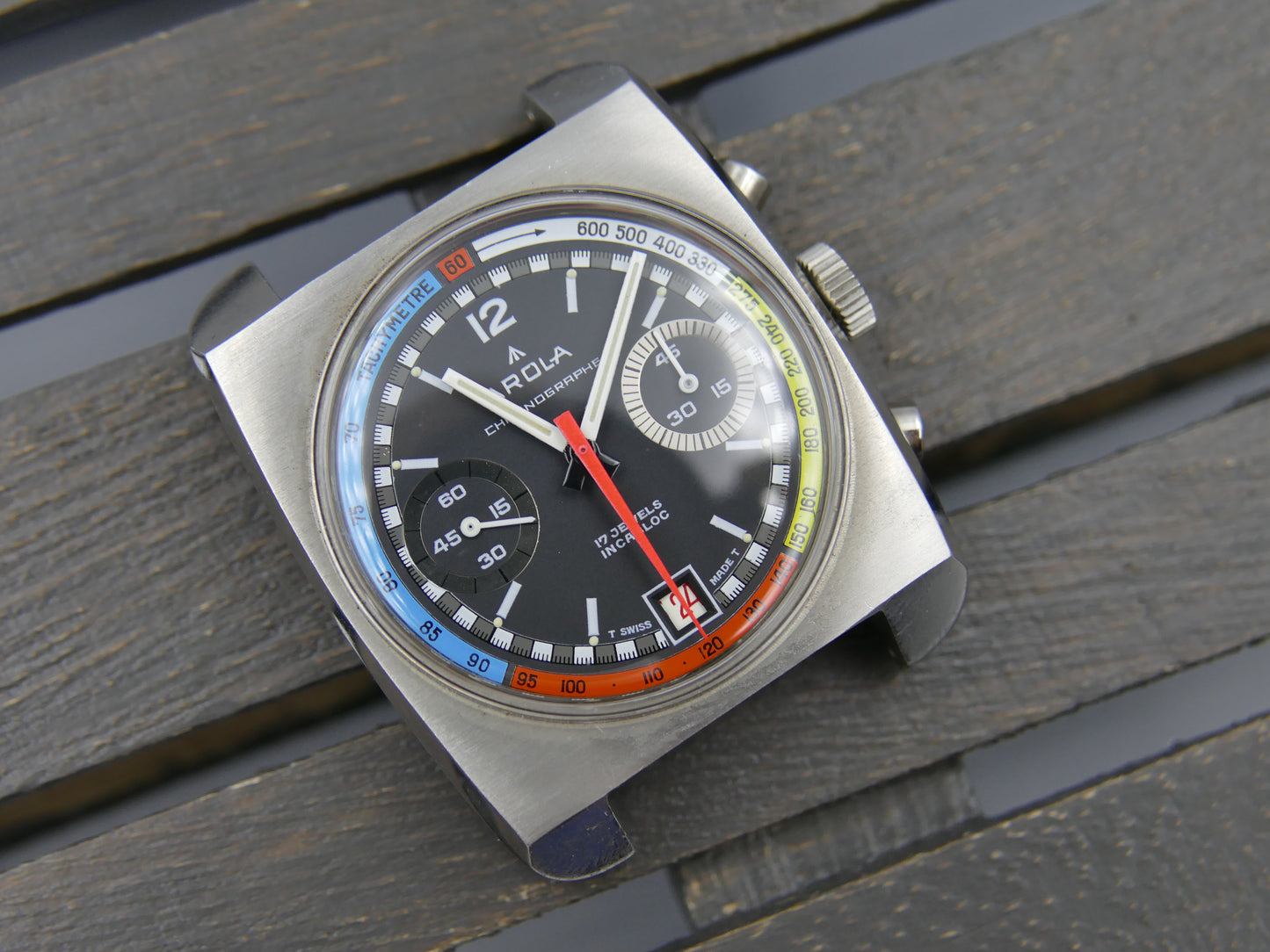 70s vintage watch mens chronograph Arola valjoux 7734 rainbow very rare