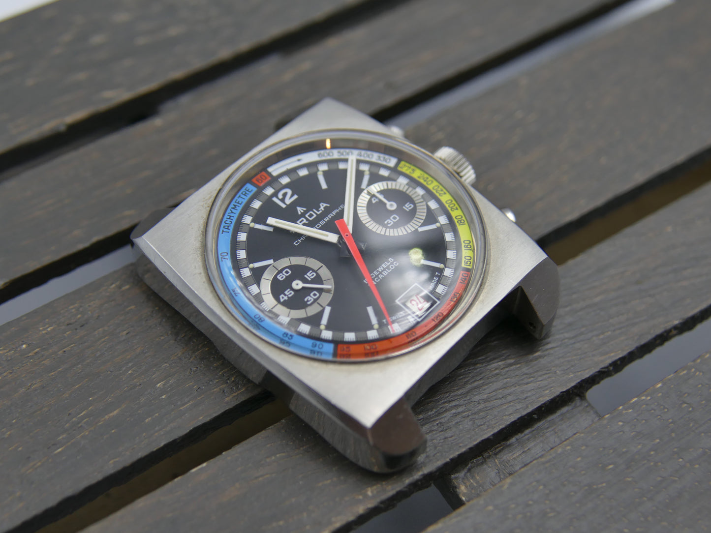 70s vintage watch mens chronograph Arola valjoux 7734 rainbow very rare