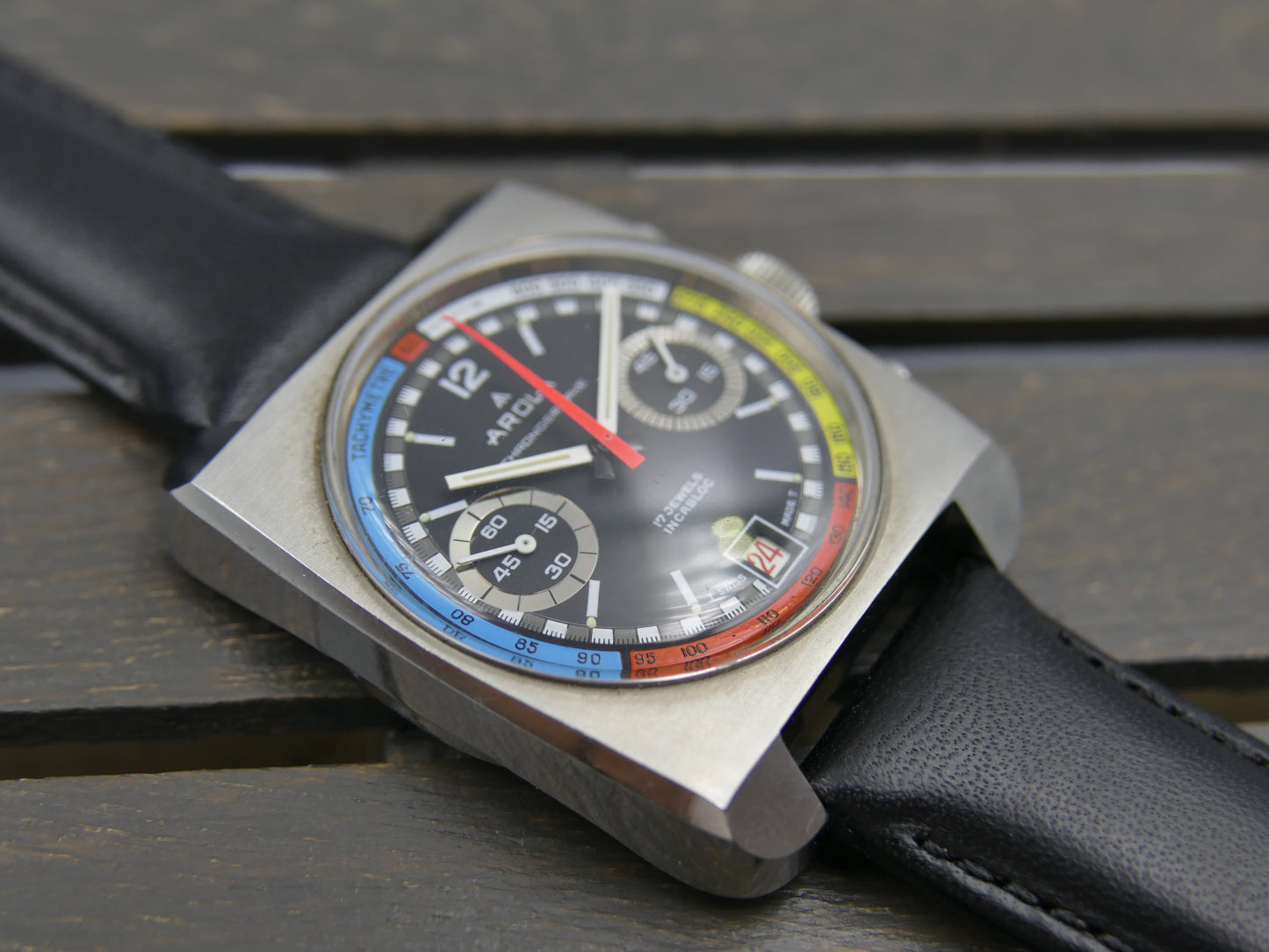 70s vintage watch mens chronograph Arola valjoux 7734 rainbow very rare