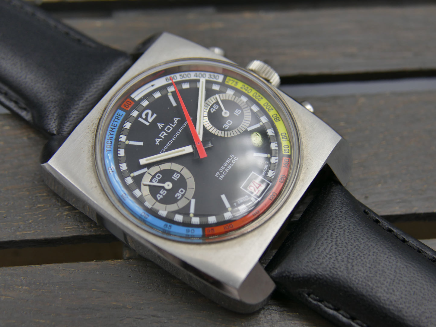 70s vintage watch mens chronograph Arola valjoux 7734 rainbow very rare
